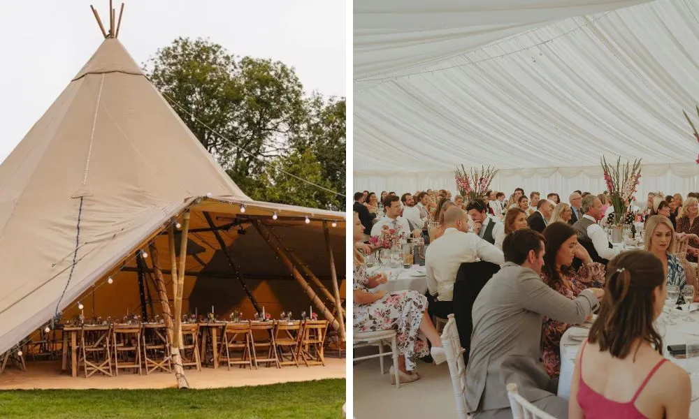 festival style wedding venue with tipi and wedding breakfast in large marquee