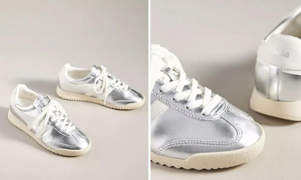 Shiny silver trainers with white laces