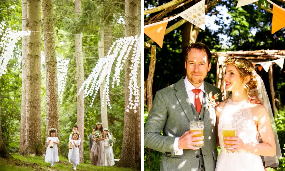 hanging garlands in a forest and colourful bunting
