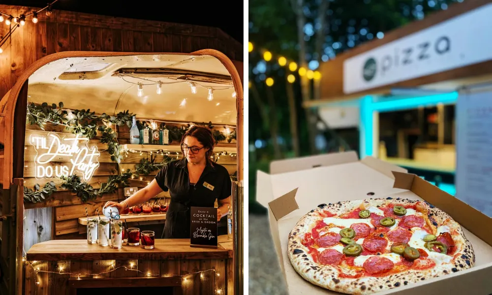 Drink truck and pizza van at a wedding