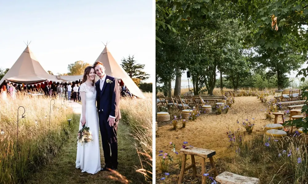 couple in front of tipi tent and forest ceremony