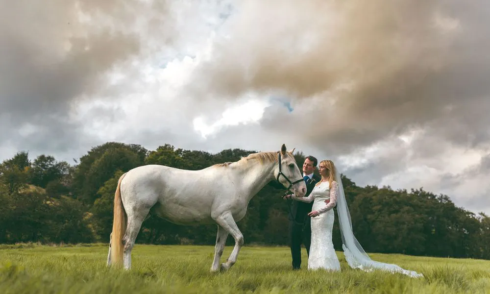 A bridge and groom petting a horse