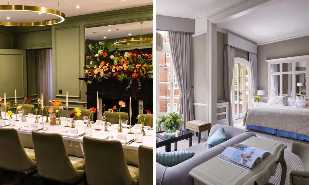 wedding breakfast set up and elegant bedroom suite at a hotel