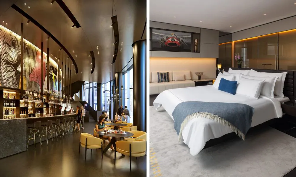 stylish, contemporary hotel interiors and a hotel bedroom