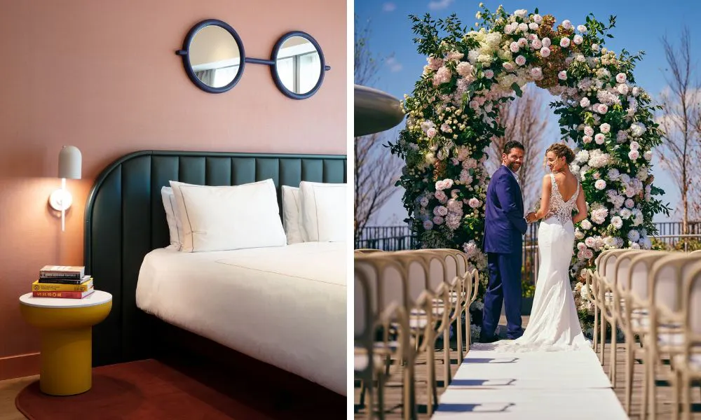 a bride and groom getting married on a rooftop, and a hotel bedroom