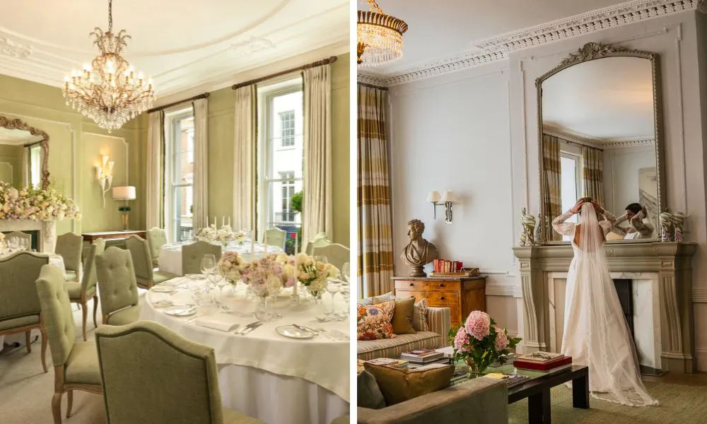 elegant hotel interiors set up for a wedding breakfast, and a bride getting ready