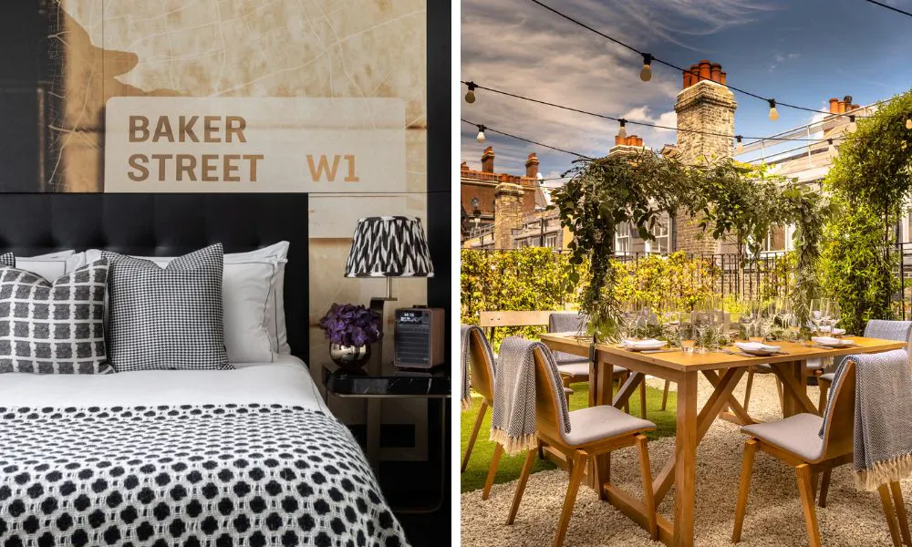 a wedding breakfast set up in a rooftop garden, and a hotel bedroom