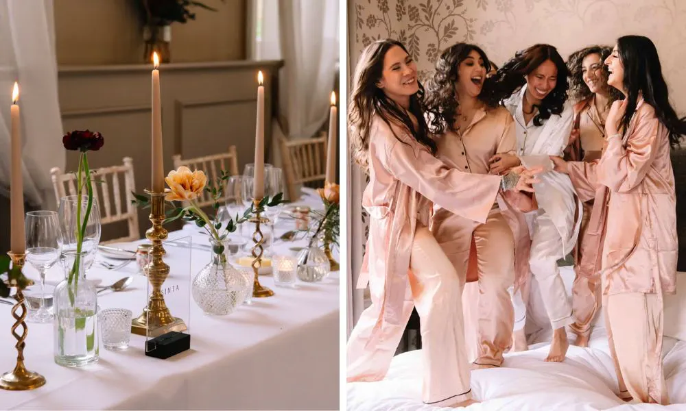 a wedding breakfast set up and a bridal party getting ready for a wedding