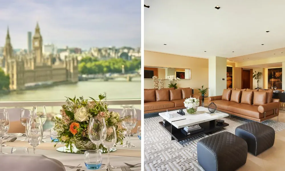 a table setup for a wedding breakfast with views of Big Ben and the Houses of Parliament, and hotel suite