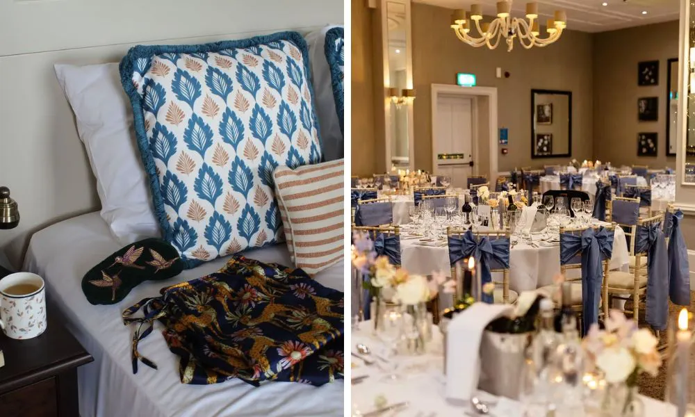 elegant hotel bedroom, and wedding breakfast set up 