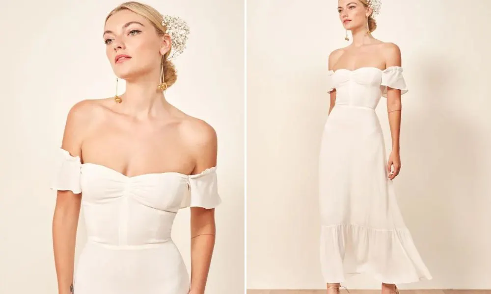 off shoulder midi dress in white