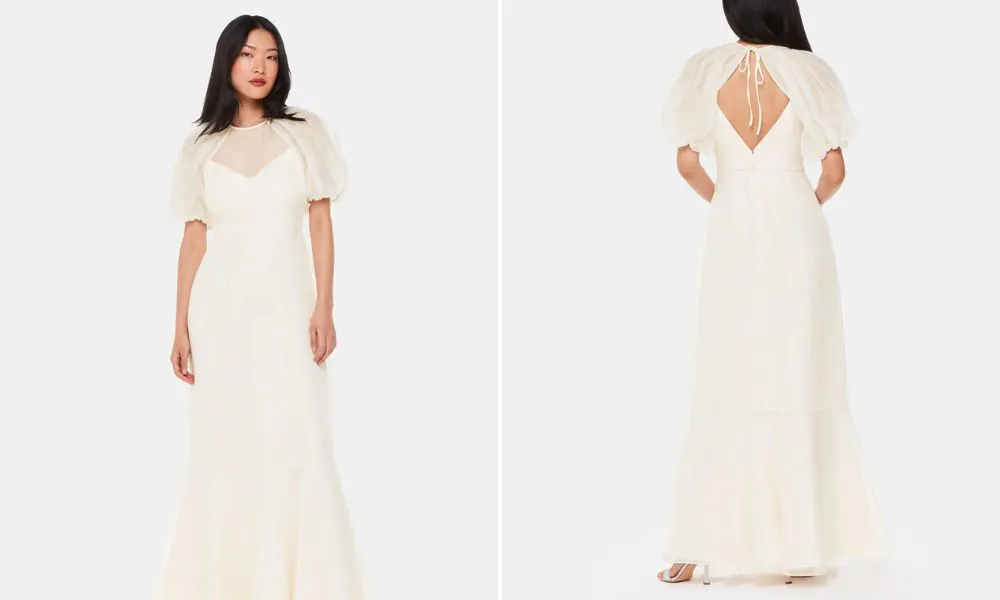 white silk dress with puff sleeves