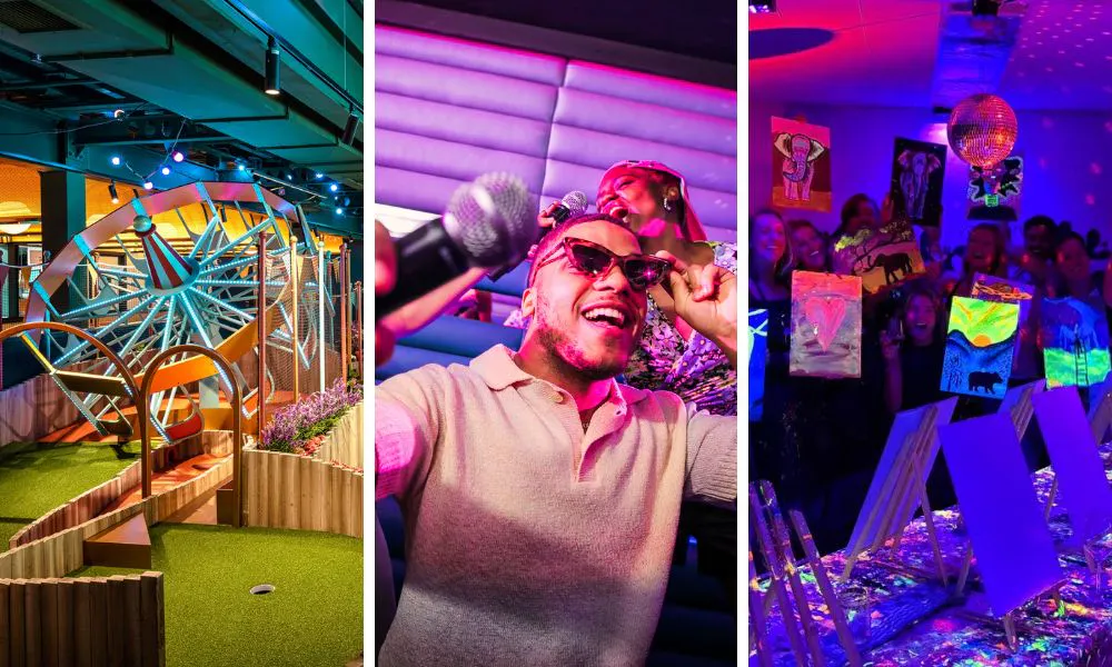 Crazy golf at Swingers West End, London; karaoke at Lucky Voice Liverpool Street, London; paint and sip at Rembrandt Van Wine, London.