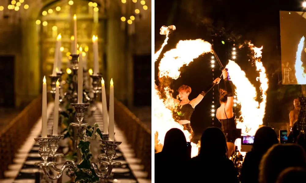 candlelit dining room and fire dancers