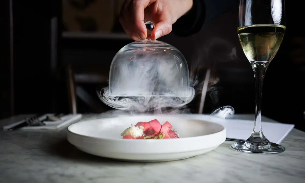 a dish with a bell jar lid releasing smoke paired with a glass of wine