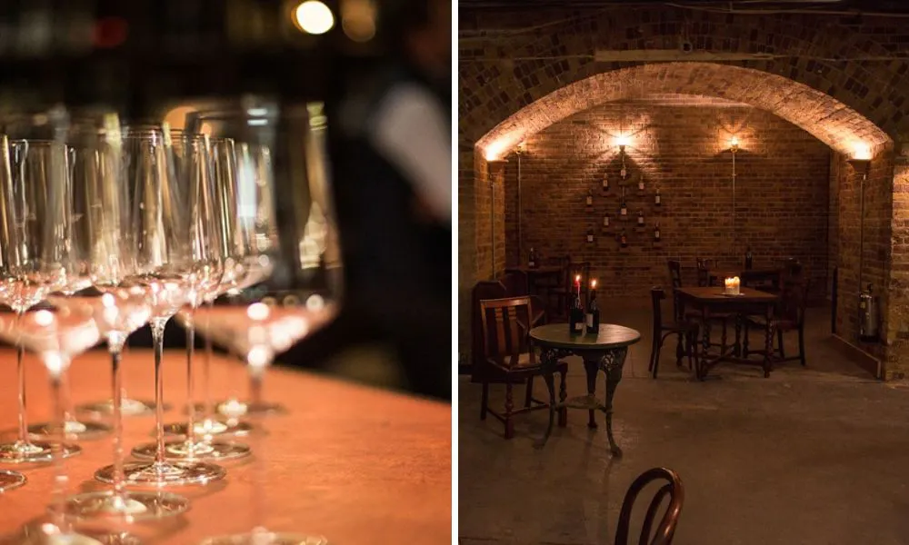 a selection of wine glasses and the underground brick arch interior at the winemakers club