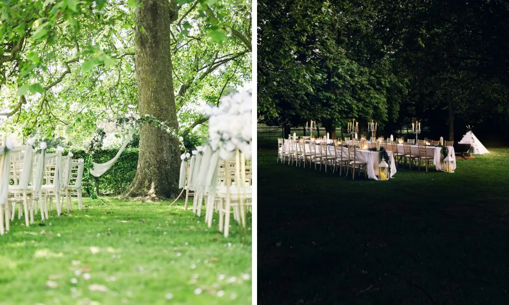forest backdrop set for a wedding ceremony and reception dinner