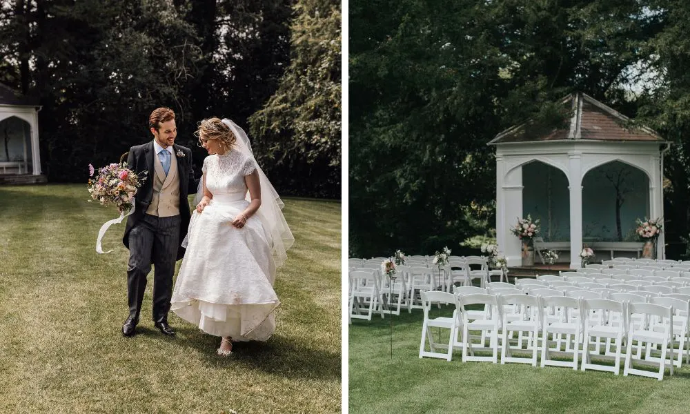 bride and groom in a forest, a wedding ceremony set up outdoors