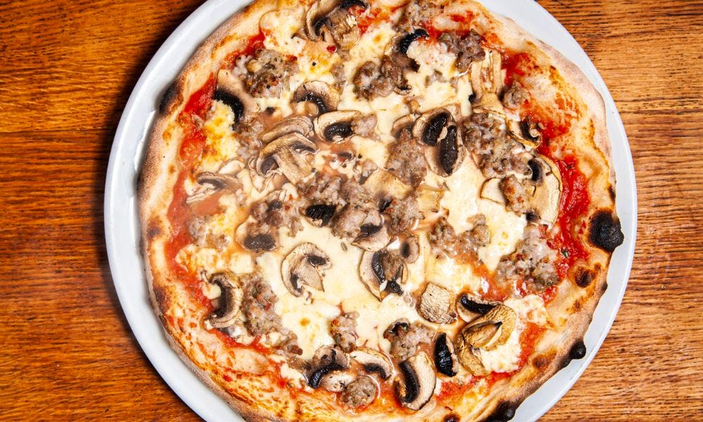 a mushroom pizza on a plate