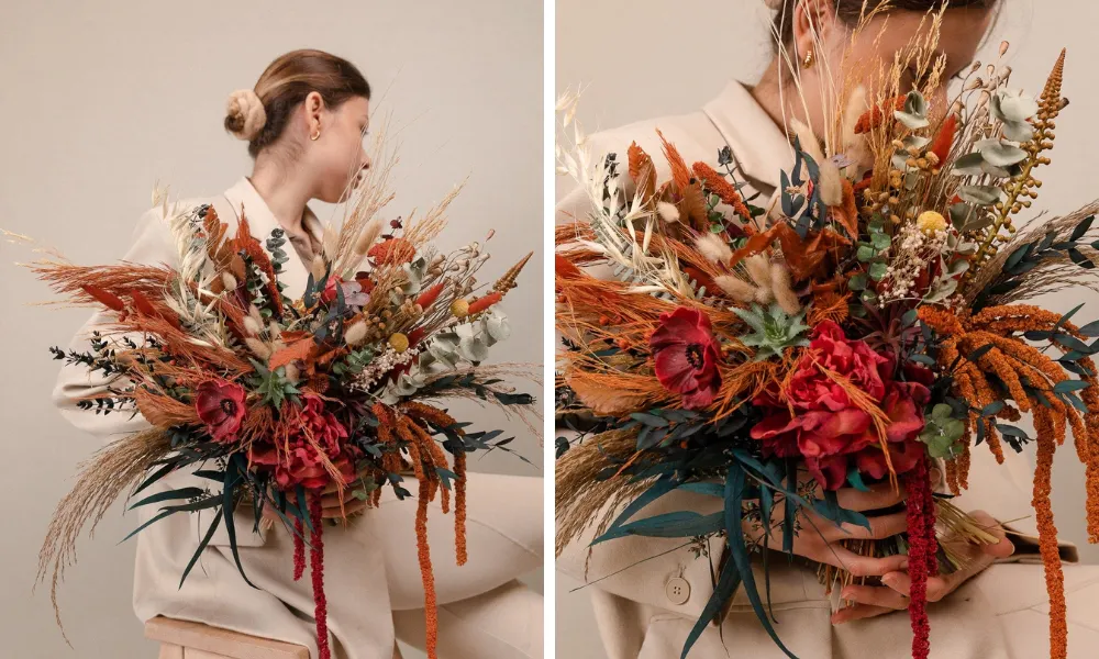 orange and red arrangement with lots of dried flowers