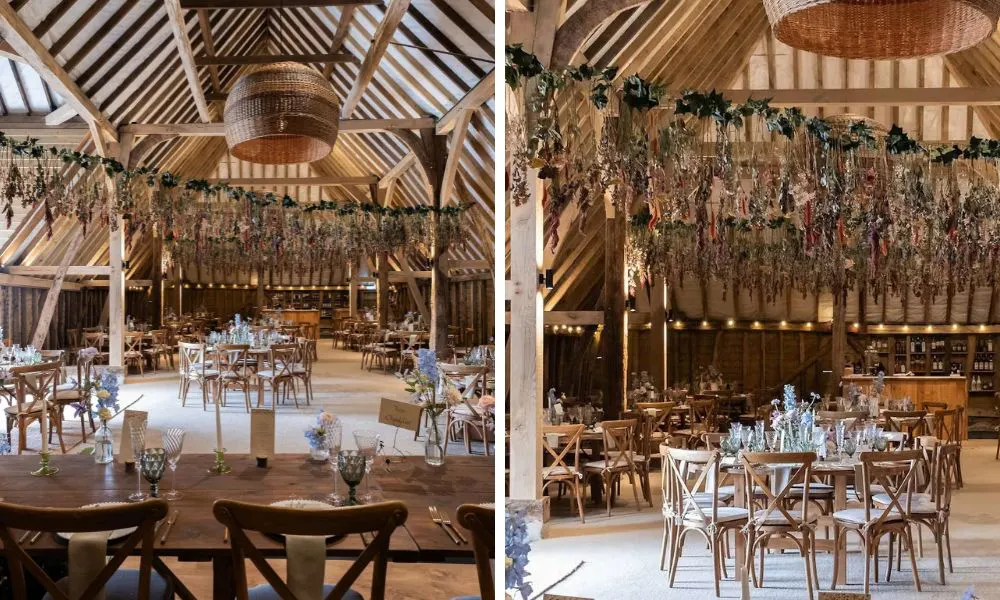 wedding breakfast with flowers drying overhead