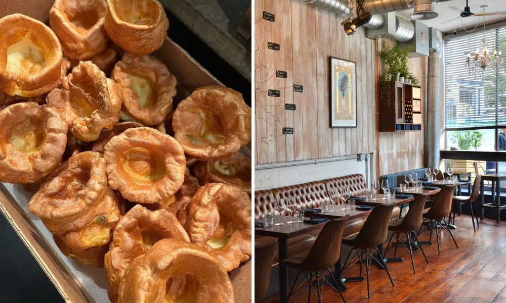 tray of Yorkshire puddings (left), restaurant interior (right)