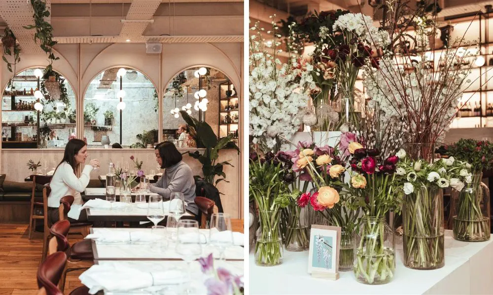 sleek restaurant interiors and a selection of bouquets of flowers