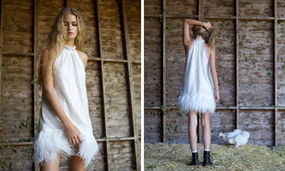 Halter short wedding dress with feathers