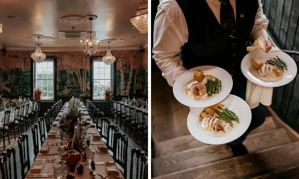 long banquet tables in pub and waiter carrying plates of food