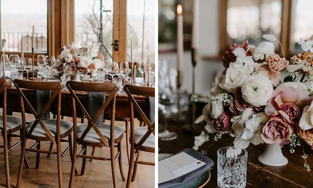 banquet table and flowers at a wedding