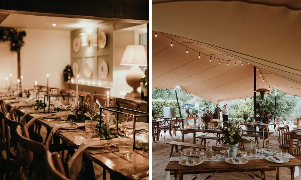 long banquet table and marquee with wooden tables