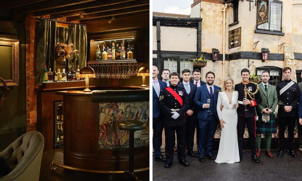 small curved bar in pub and wedding party outside