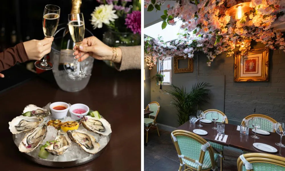 People drinking Champagne and eating oysters, and a floral dining room