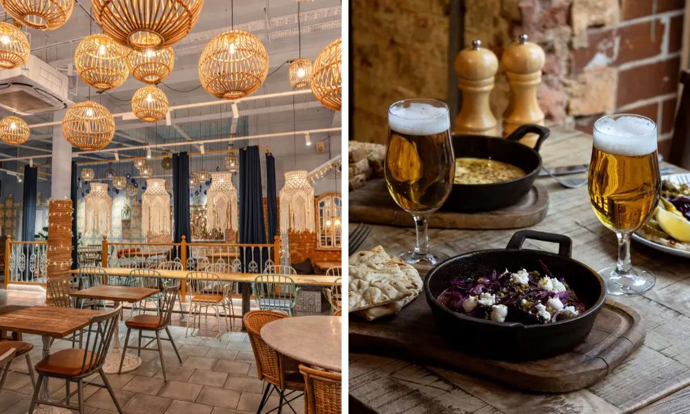 restaurant dining room and beers with pita bread and dip