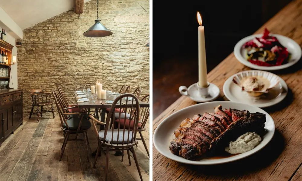 The dining room at The Bull Charlbury and plates of gastropub cuisine