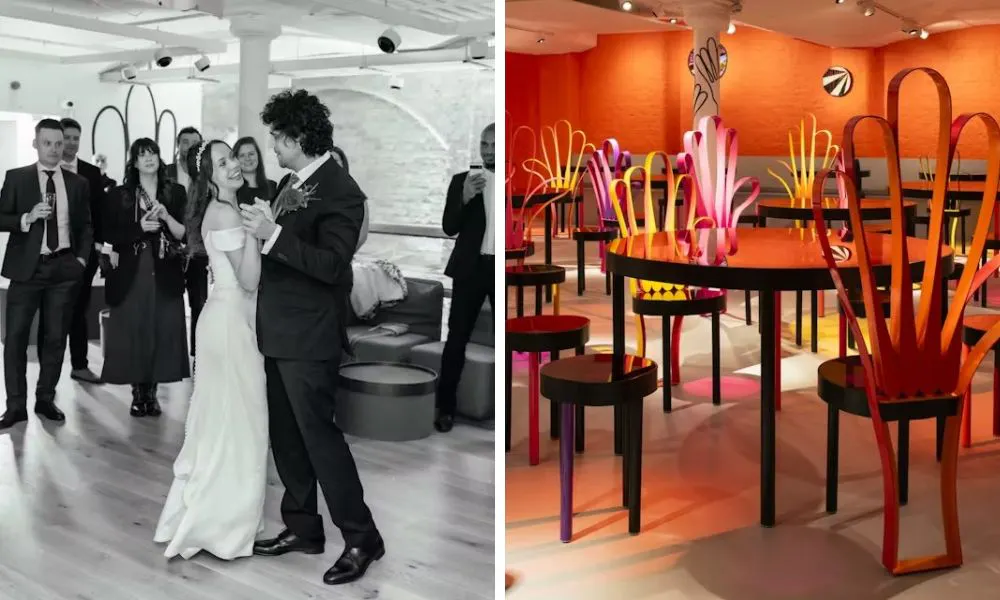 black and white image of couple getting married and artistic chairs