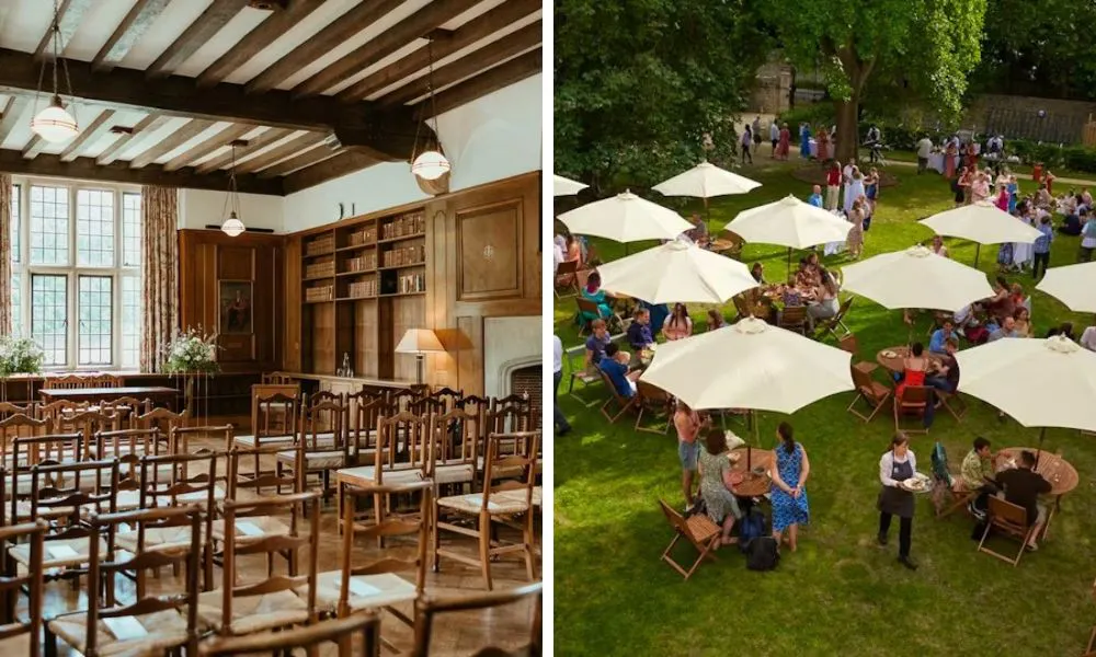 wedding chairs set for a ceremony and outdoor area with umbrellas