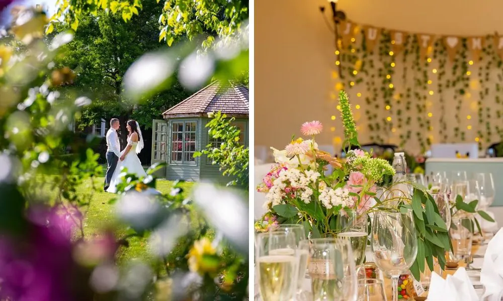couple holding hands in a garden and banquet table decorated with flowers and glassware