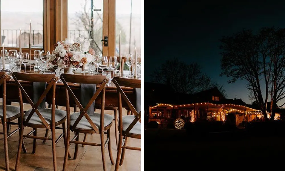 wedding table with flowers and venue at night with fairy lights