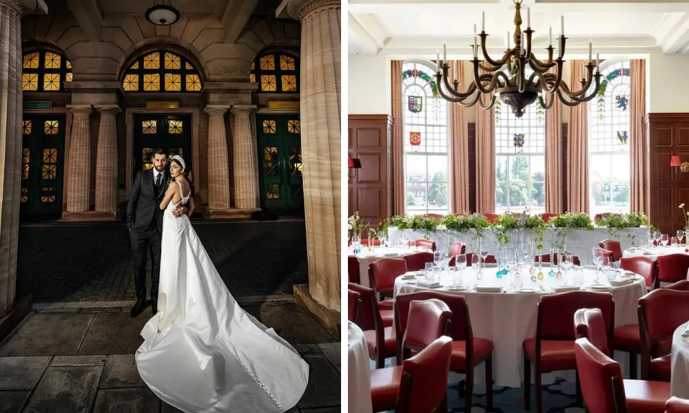 married couple and wedding breakfast with red leather chairs