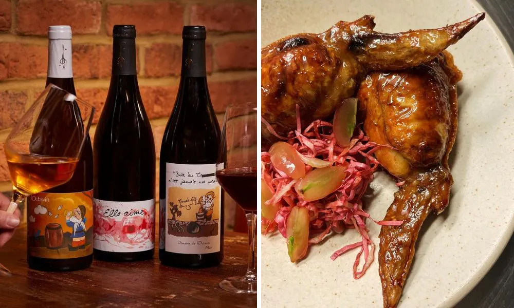 Wine bottles and a chicken dish