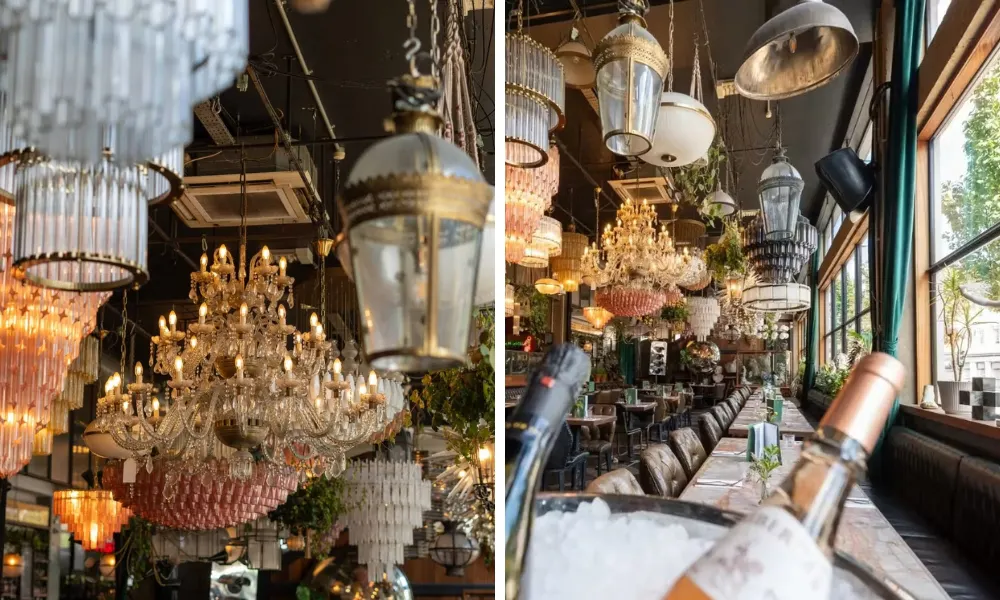 Private dining area under a canopy of Chandeliers