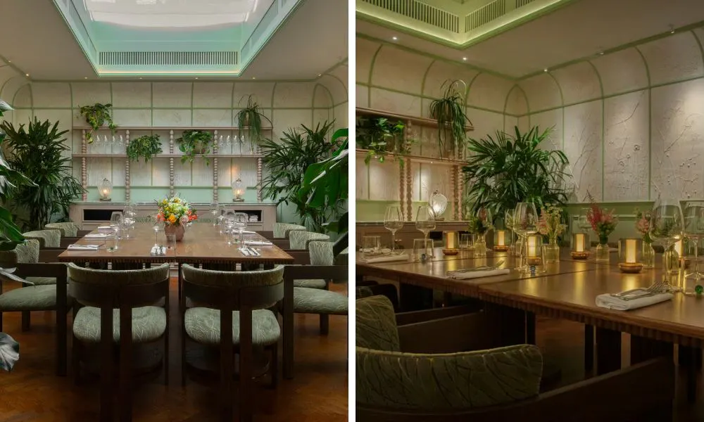 foliage-filled private dining room with a skylight