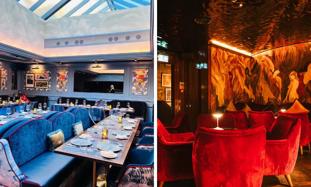 baby blue private dining room with skylight, and vibrant red velvet bar seats