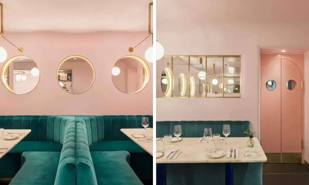 velvet green booths and pink walls in private dining room