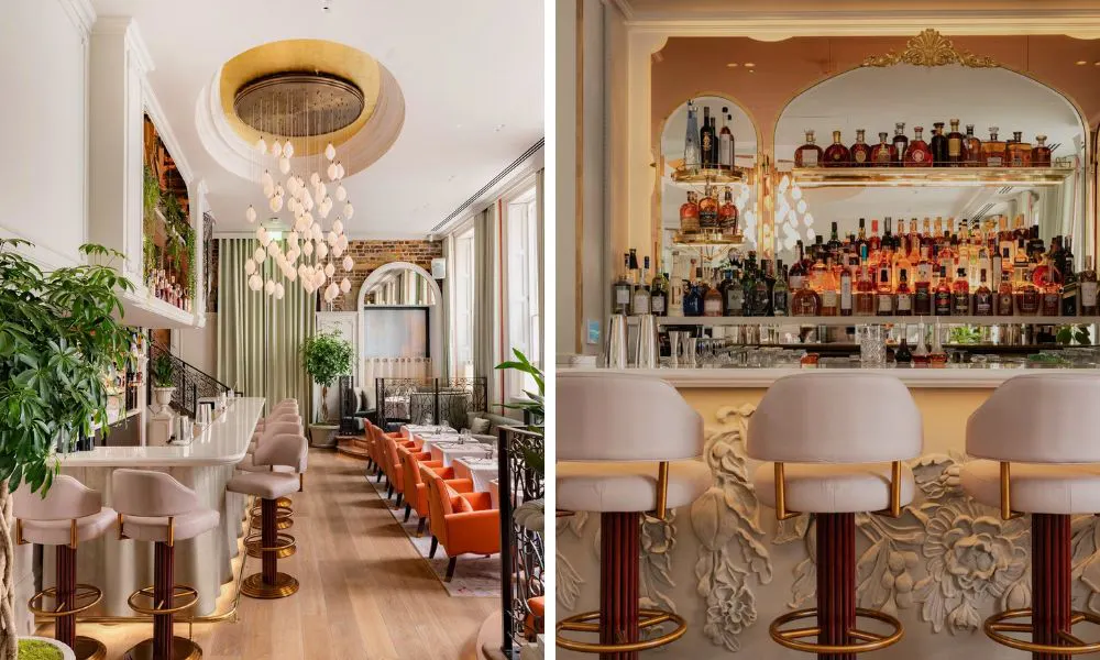 bright dining room with hanging light fixture and leather bar stools