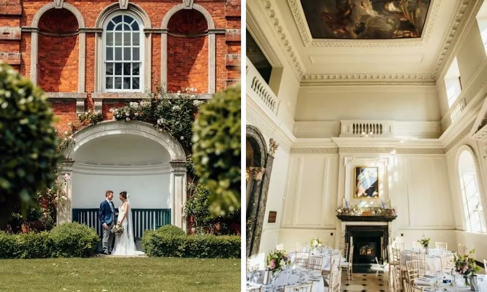 couple posing under arch and high ceiling room for wedding breakfast