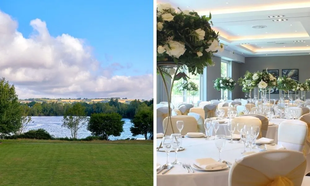 view over lake and wedding breakfast with white roses
