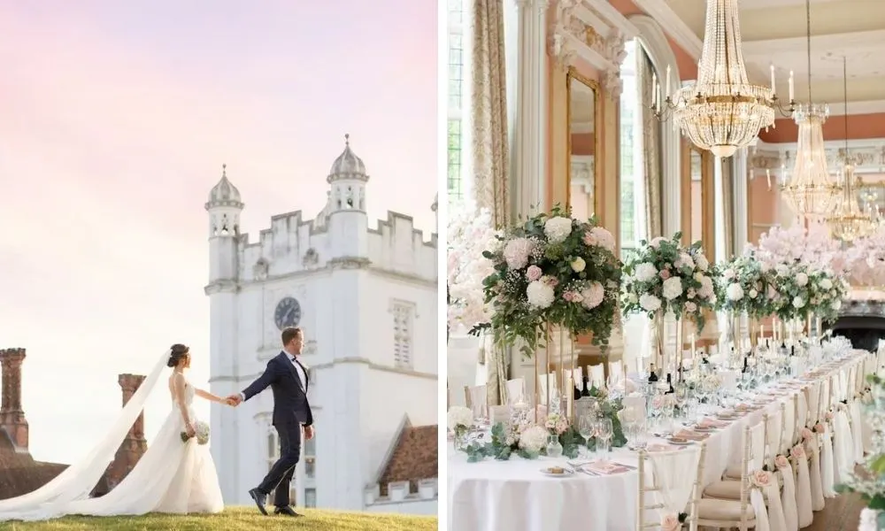 couple holding hands and long banquet table with flowers