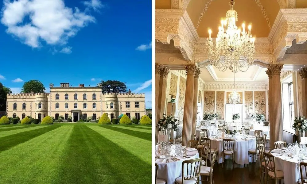 manor house with green gardens and wedding breakfast with chandelier